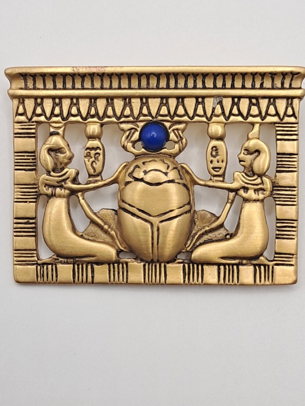Egyptian Style Scarab Beetle Gold Tone Brooch Pin with Blue Accent